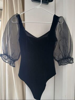 Sheer Puff Sleeve Black Bodysuit